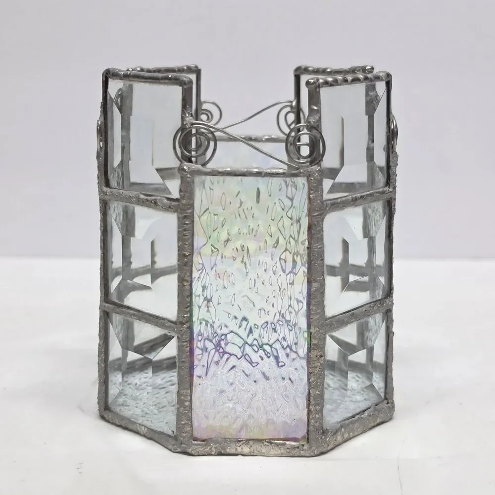 Vintage Stained Glass Votive Tea Light Candle Holder Clear Iridescent MCM